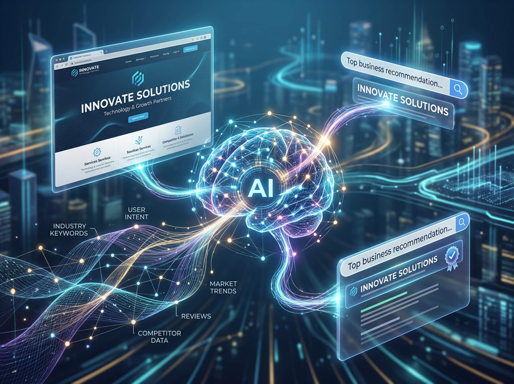 Representación visual de una empresa recomendada por sistemas de inteligencia artificial y búsqueda generativa.